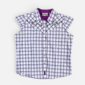 2000s Wrangler Pearl Snap Plaid Cap Sleeve Western Rodeo Shirt Sz Large